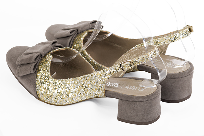 Pebble grey and gold women's open back shoes, with a knot. Round toe. Low flare heels. Rear view - Florence KOOIJMAN
